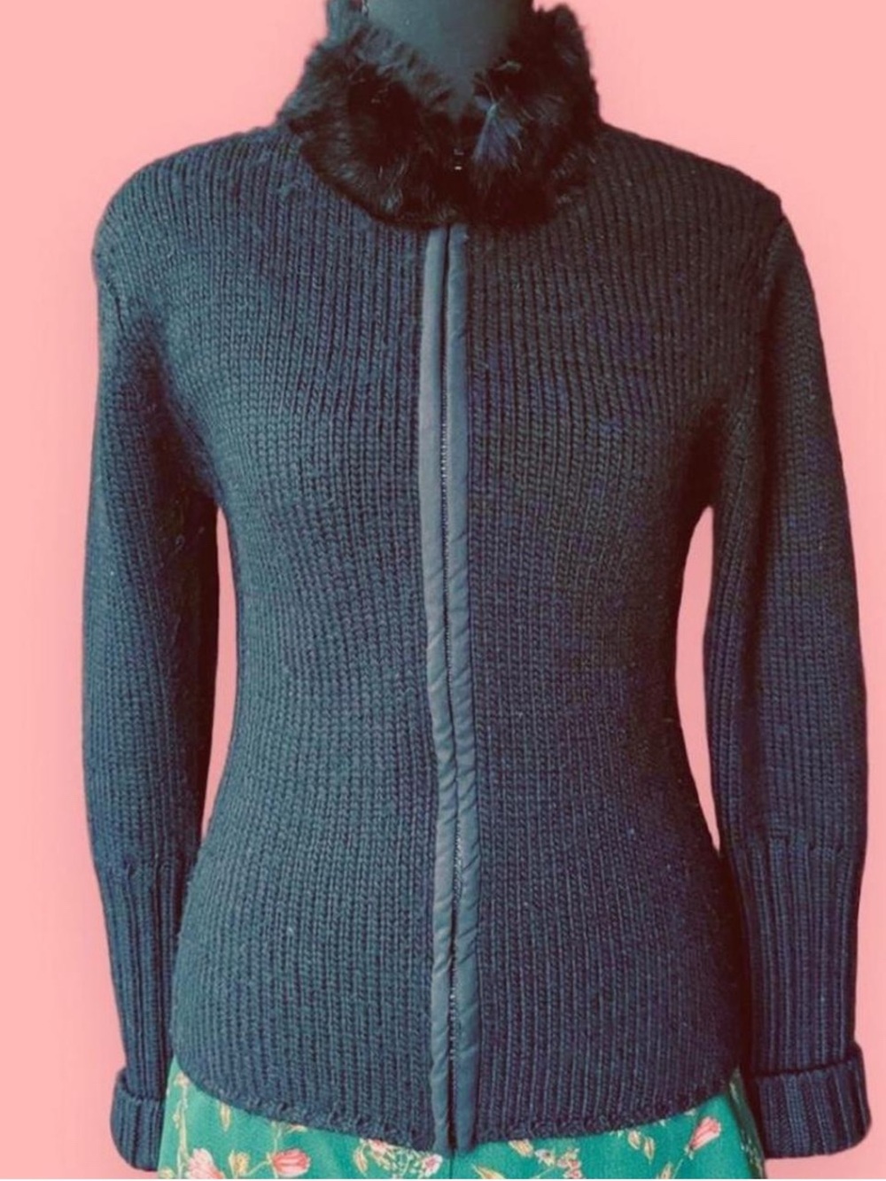 Vintage Black Knit Zip Up Cardigan with Fur Collar